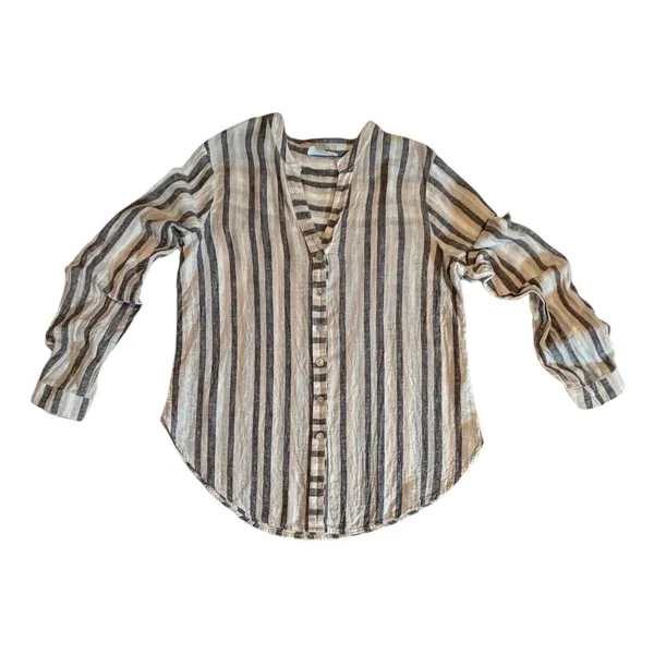 Milano Womens Linen Blend Striped Button Down Shirt Neutral Long Sleeve Size M - Image 3
