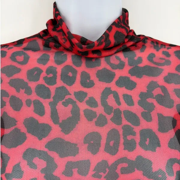 Y2K Red Leopard Mesh Dress Sz M Indie Sleaze Grunge Clubwear Shein Mock Neck - Image 4