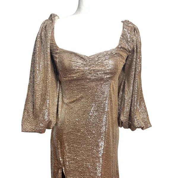 Show Me Your Mumu Sydney Midi Dress Gold, Silver Metallic Balloon, Puff Sleeve S - Image 2
