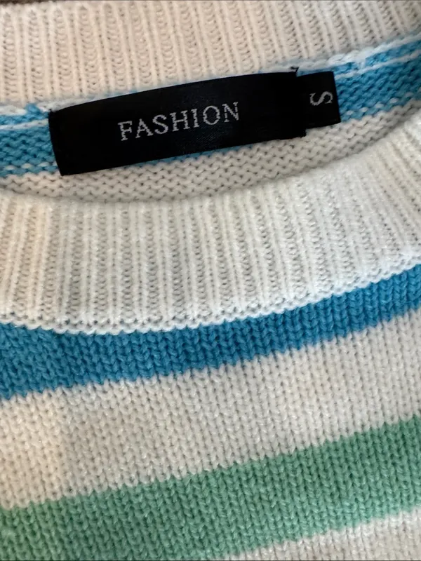 Striped Crewneck Sweater in White, Mint & Blue - Image 2
