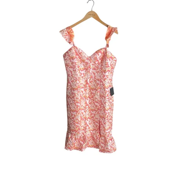 LULUS Darling Celebration Coral Pink Floral Ruffled Trumpet Midi Dress - Image 3
