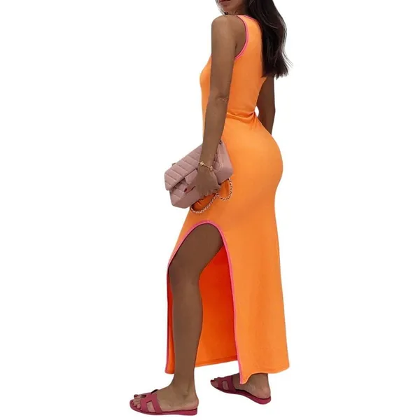 Colorblock Side Split Sleeveless Dress With Contrast Trim in Orange, Size M​​​ - Image 2