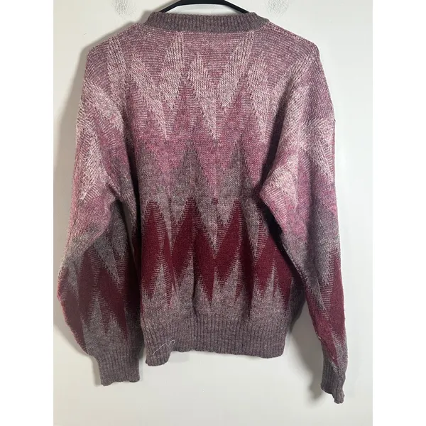 Vintage Madrigal Women Large Pink Burgundy Geometric Chevron Wool Blend Sweater - Image 4