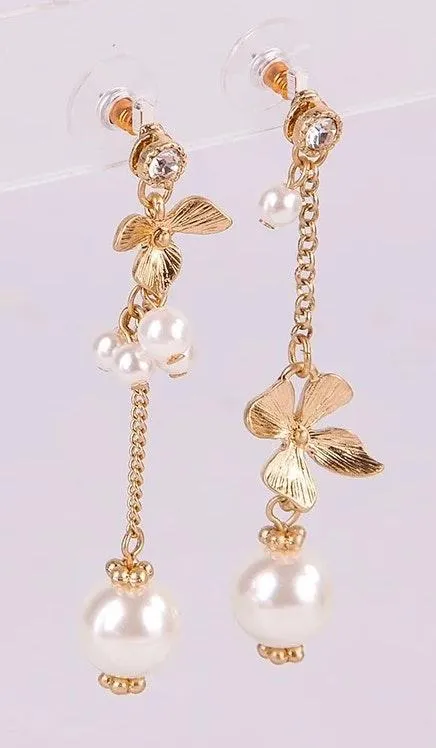 Flower Crystal Pearl Drop Stud Earrings Gold - Image 3