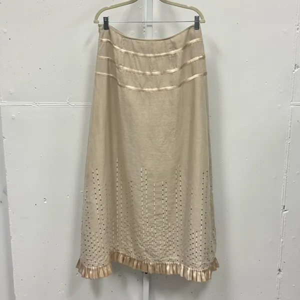 Essence Tan Sequin Ruffle Hem Midi Skirt Satin Trim Size 30 Neutral Boho Chic - Image 2