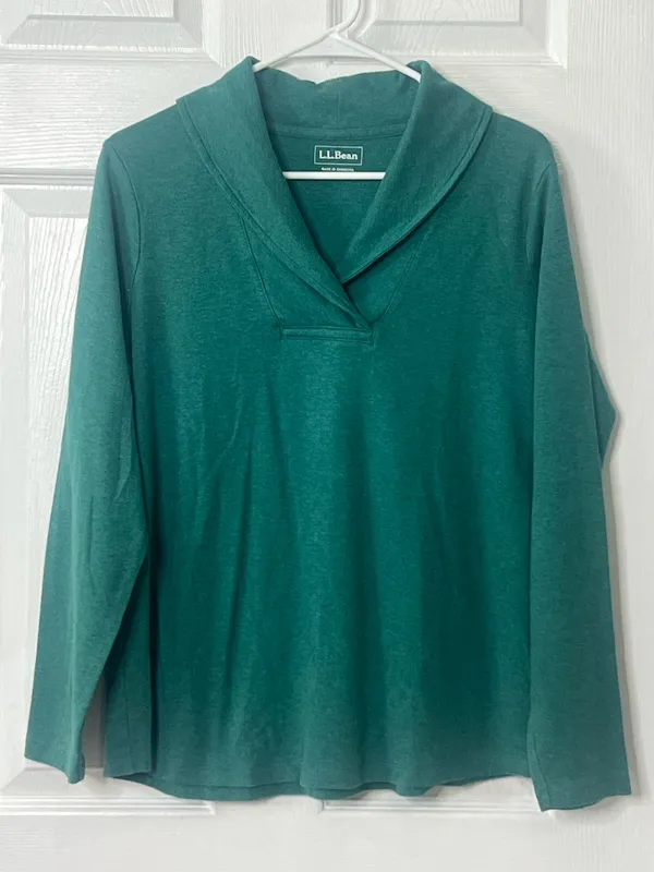 L.L.Bean Shawl Collar Pullover Top Womens Large Teal Long Sleeve Casual Layering - Image 2