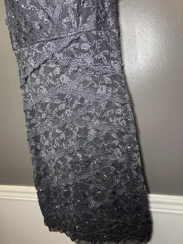 Blu Sage Dress Womens 10 Gray Lace Beaded V Neck Sheath Knee Length Party Formal - Image 6