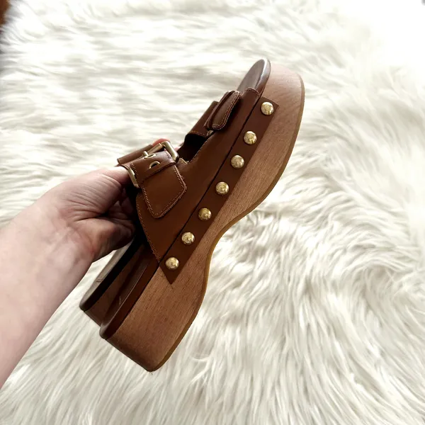 Zara Leather Double Buckle Wooden Platform Sandal Sz 7.5 - Image 6