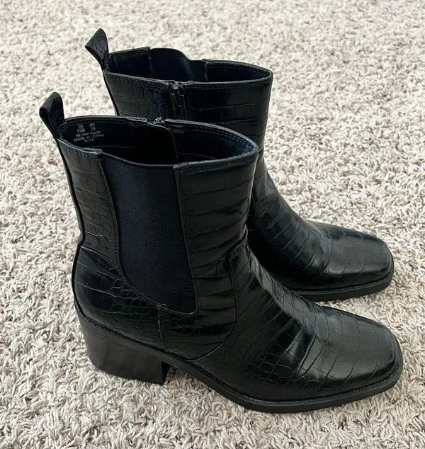 Bleecker & Bond Croc Platform Boots Leather Square Toe Block Heel Black Size 11 - Image 3