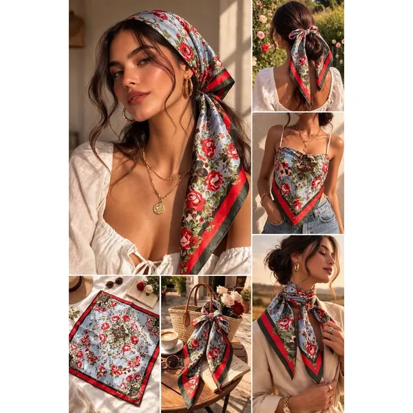 M.O.S.I Floral Satin‎ Scarf 34"x 34" Square Red Olive Cottagecore Romantic - Image 2