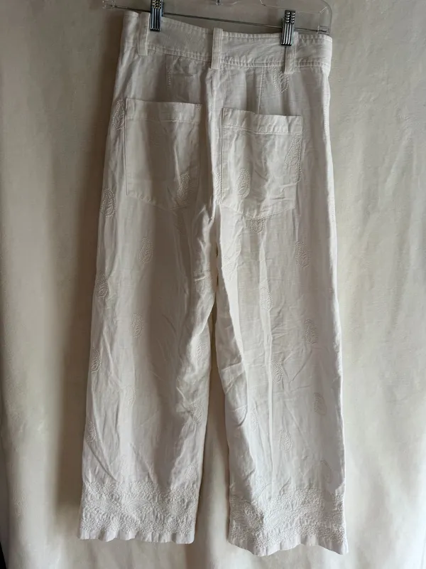 ZARA Pants Linen Wide-Leg White embroidered size 2 - Image 8