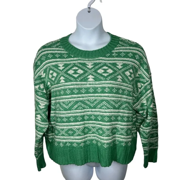 American Eagle Snowdrift Fair Isle Sweater | Green & White | Large - Image 5