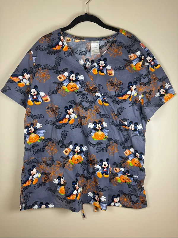 Disney Vampire Mickey Halloween Scrub Top XL Drawstring Waist Three Pocket - Image 2