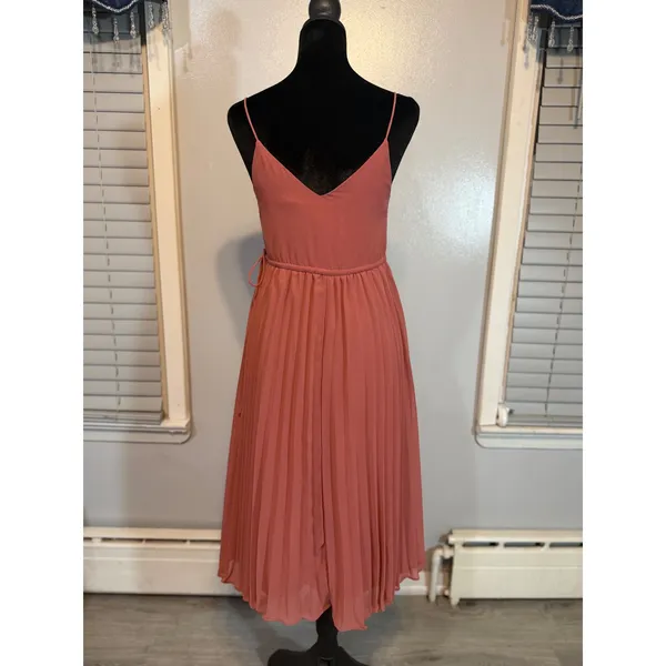 ASOS Y2K Dusty Rose Pleated Midi Dress Strappy Chiffon A-Line XS US 2 - Image 3