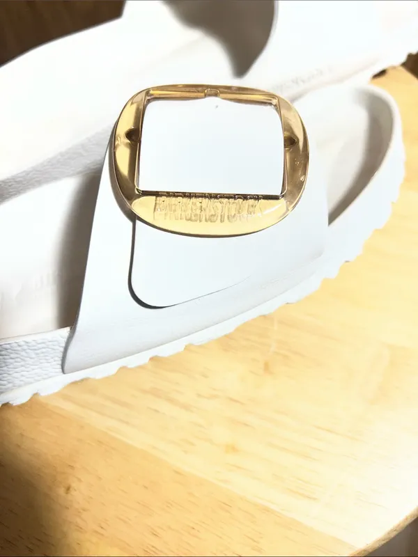 Birkenstock White Slide Sandals with Gold Buckle - Image 6