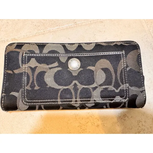 Coach Black Signature C Jacquard Zip Around Wallet Wristlet Leather‎ Trim - Image 3