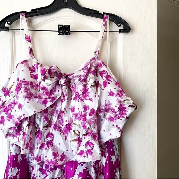 AMUR Dress Off-The-Shoulder Popover Waist Floral Silk Flowy Midi Magenta‎ 4 NWT - Image 7