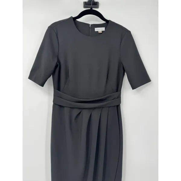 Calvin Klein Black Midi Dress 2 Tulip Pleated Front • Classic Office • Elegant - Image 3