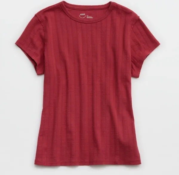 Aerie Off-Duty Pointelle Ribbed Shirt in Red - Image 5