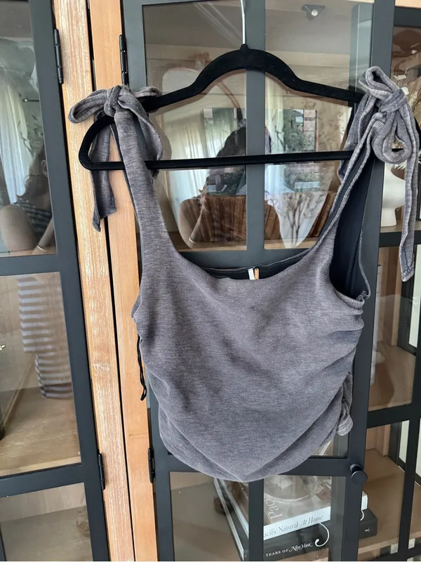 Free People boulevard tank top cropped ruched tie straps bow ribbed acid wash - Image 3