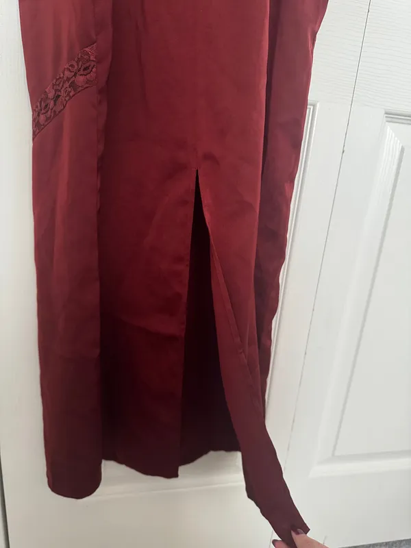 Meshki Deep Wine Red Lace Cutout Satin Effect Maxi Dress - Image 8