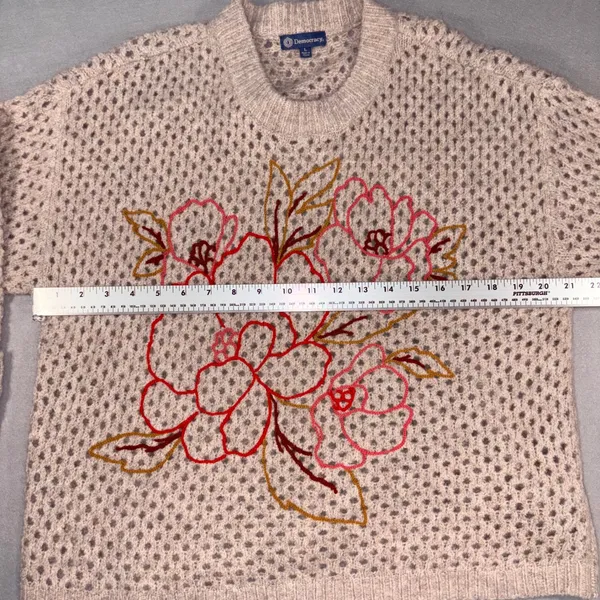 Democracy Womens Large Floral Embroidered Pointelle Knit Sweater Beige - Image 5