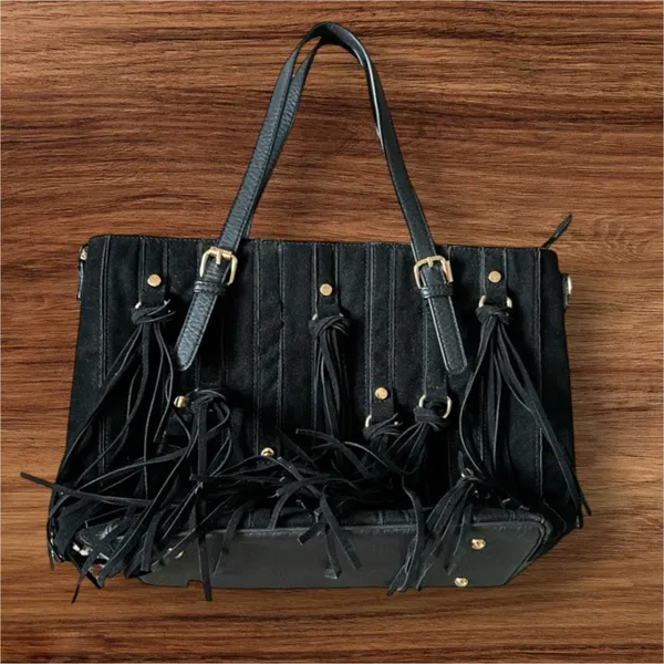 Womens Large Black Fringe Suede Embossed Studded Shoulder Bag Western Festival - Image 4