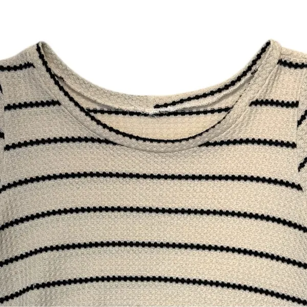 Women’s Waffle Knit Striped Tunic Top Medium Beige Black Short Sleeve Casual - Image 2