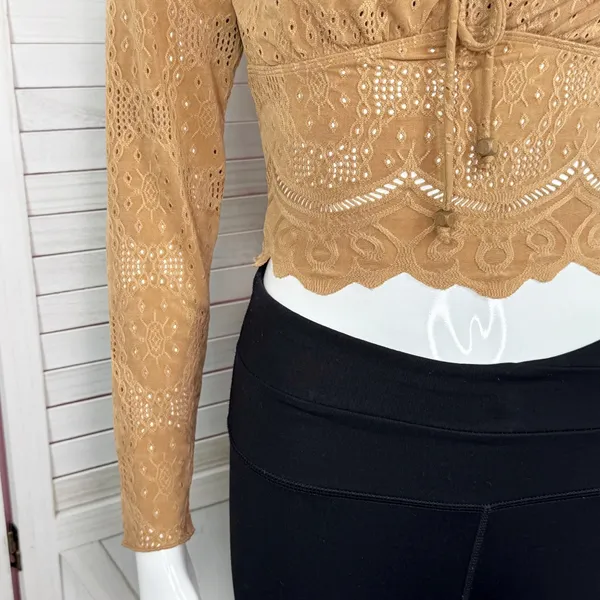Kirious Boho Embroidered‎ Eyelet Tie Neck Long Sleeve Crop Top Tan XS - Image 6