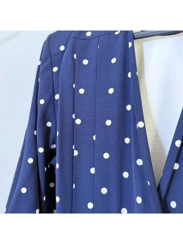 Vintage 80s Katie MFG Navy Blue White Polka Dot Midi Dress Size 16 Rockabilly - Image 9