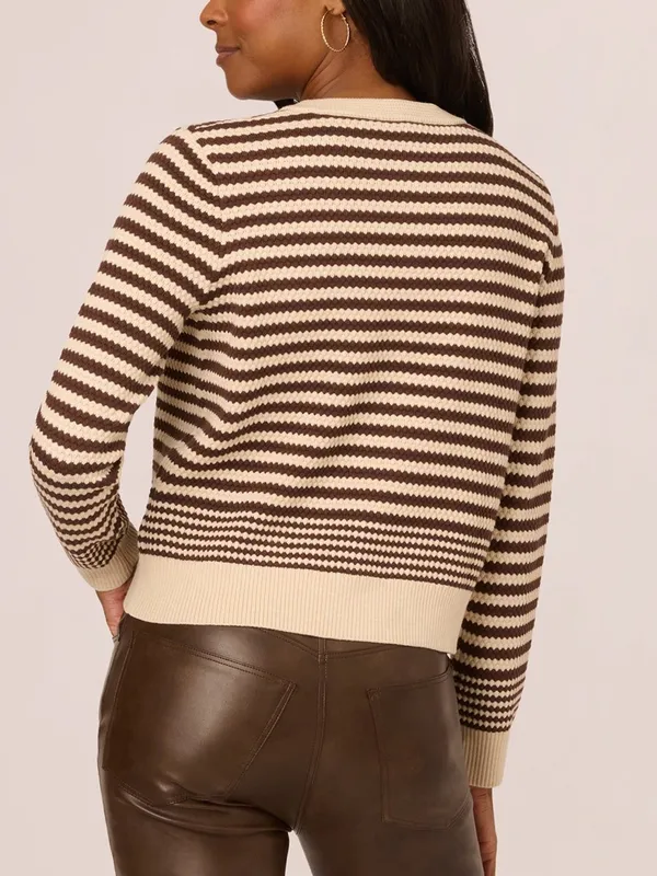 NWT Adrianna Papell Button Front‎ Striped Pointelle Cardigan Sweater Cream Brown - Image 3