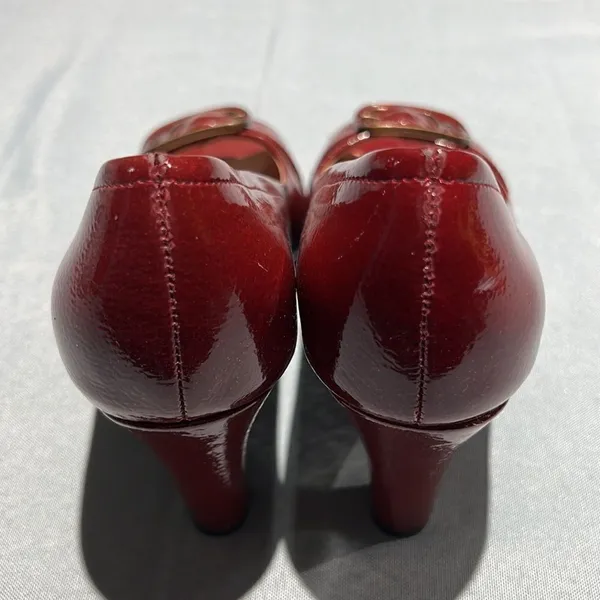 ETIENNE‎ AIGNER Dune Red Patent Vegan Open-Toe Heels Shoes Size 6.5M Buckles B42 - Image 6