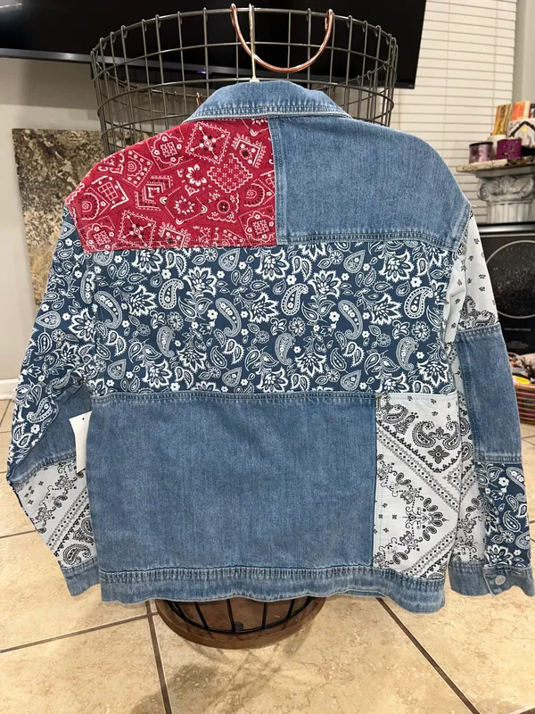 Driftwood Faria Patchwork Denim Trucker Jacket - Image 11