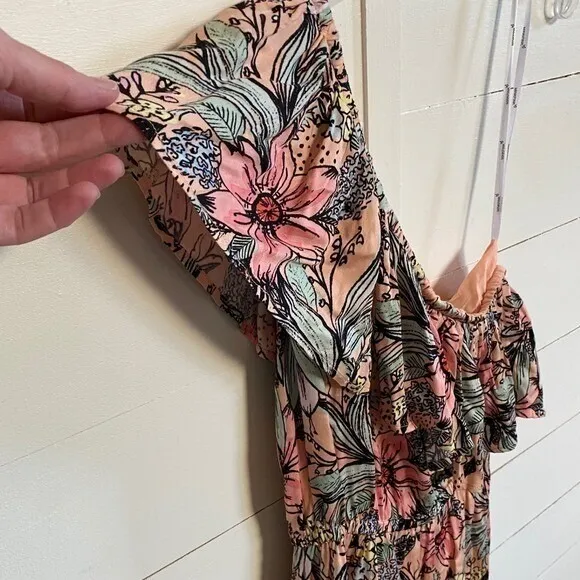 MINKPINK Womens Pink Floral One Shoulder Asymmetric Ruffle Mini Dress‎ Size S - Image 9