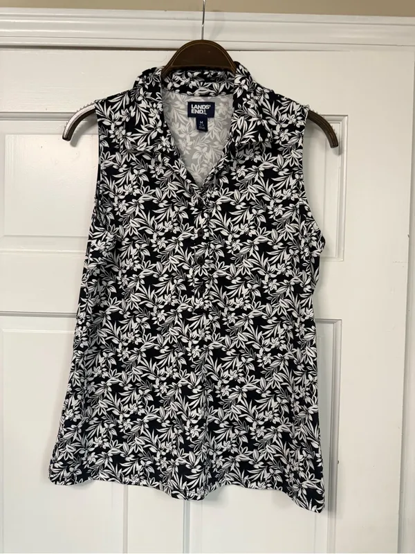 Lands' End Black & White Floral Sleeveless Collared Tank - Image 7