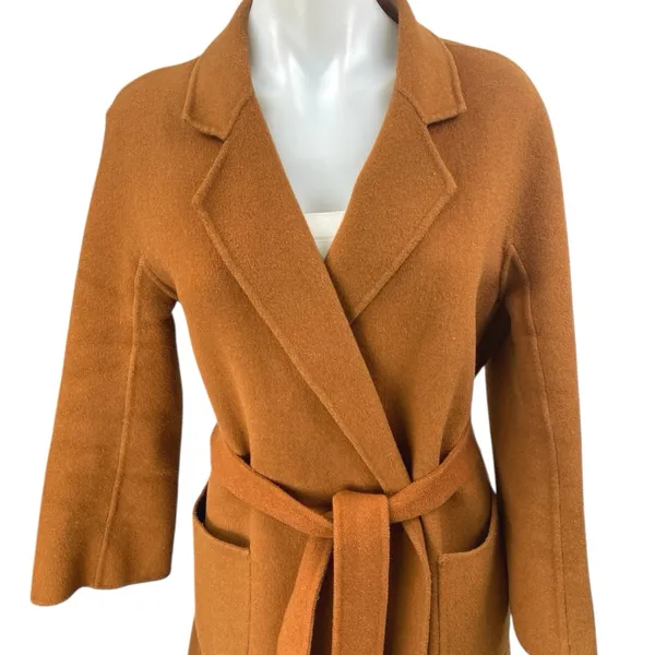 Genuine People 100% Wool Brown Long Sleeve Pockets Belted Trench Coat Jacket XS - Image 3