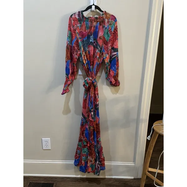 Farm Rio Animal Collage Maxi Dress Red Long Sleeves Tiered Beaded Tassels - Image 3