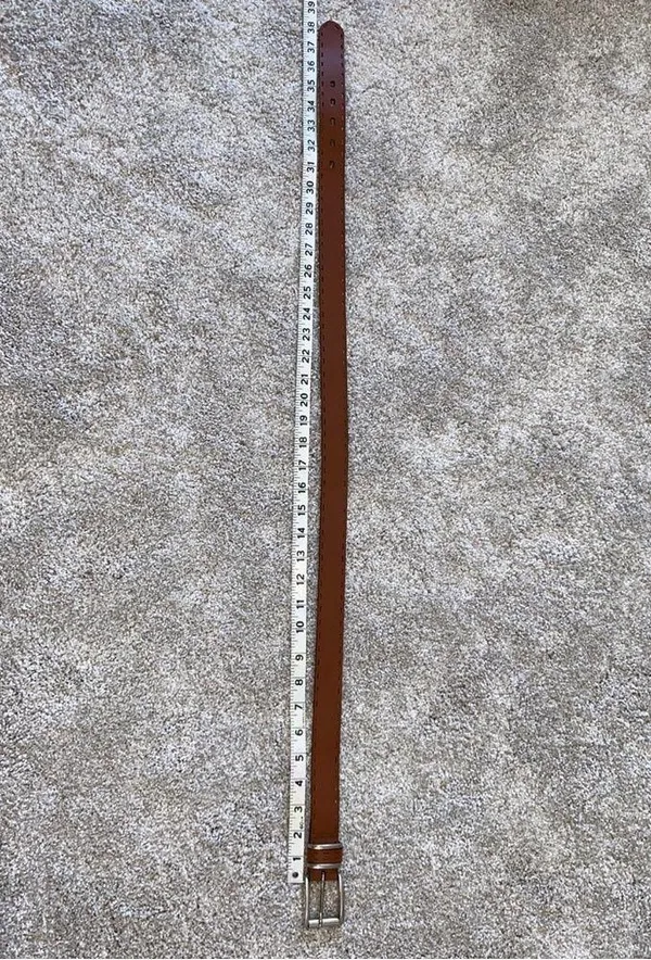 Brown Leather Belt with Silver Brass Buckle Embroidered Stitched edging 32 - Image 6