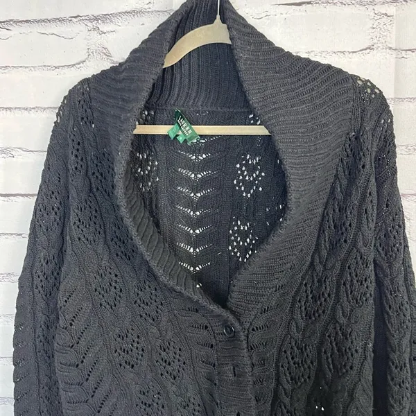 Vintage Lauren Ralph Lauren Black Cotton Puff-Sleeve Button Front Cardigan M Y2K - Image 5