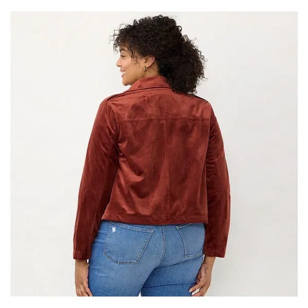 LC Lauren Conrad Womens Faux Suede Moto Jacket Burgundy‎ Asymmetrical Zip Small - Image 2