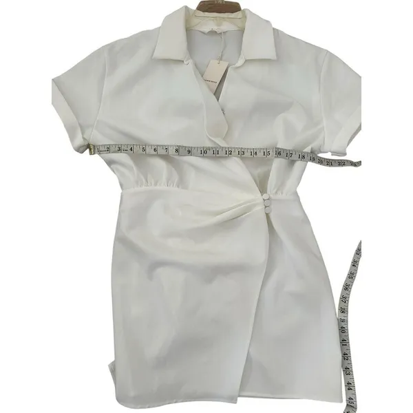 Commense Womens Collared Cuffed Sleeve Button Wrap Short Dress White Medium - Image 4