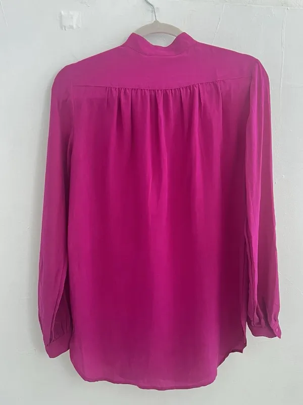 ⁠Vintage 80s 90s Magenta 100% Silk Blouse Mandarin Split Neck M⁠EDIUM NEW - Image 6