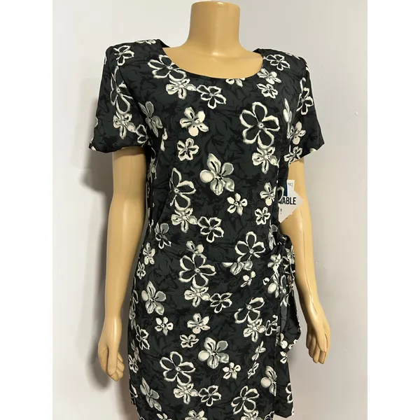 Bentley Vintage Floral Short Sleeve Side Tie Sheath Dress Green Black White 12 - Image 2