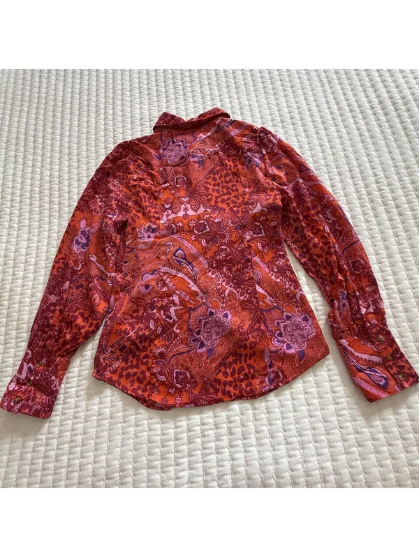 Free People Bianca S Small Button Up Top Red Orange Animal & Floral Print Boho - Image 8
