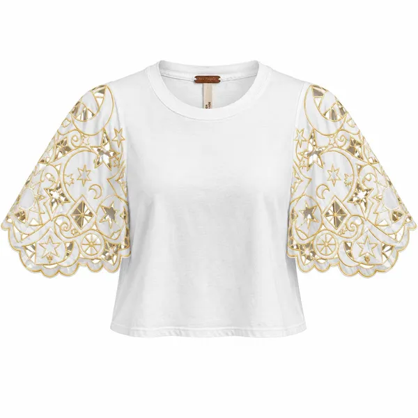 Free People XS White Gold Embroidered Cutwork Statement Sleeve Top - Image 2