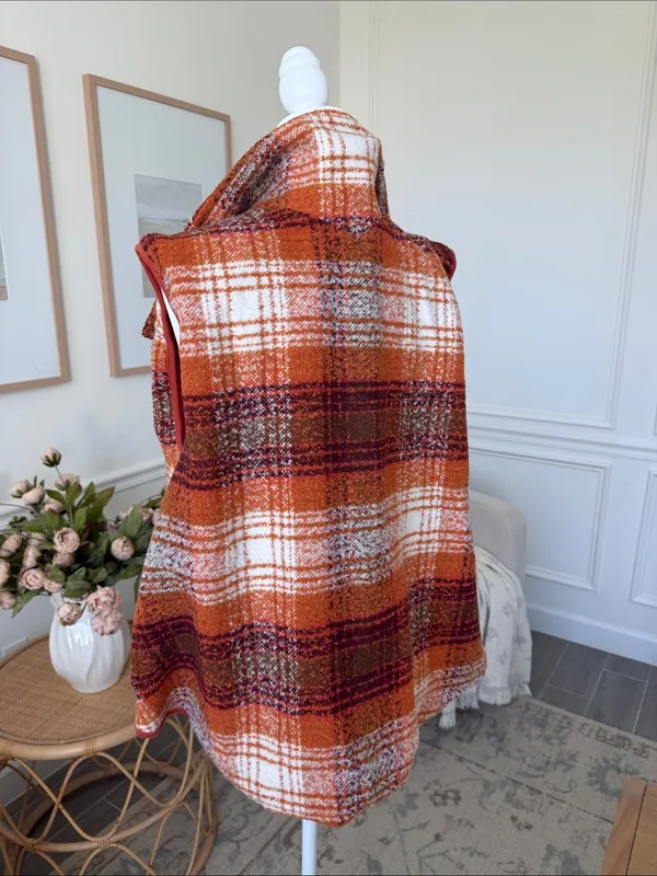 Free People Wrapped Up Blanket Vest Orange Plaid Wool Blend S - Image 7