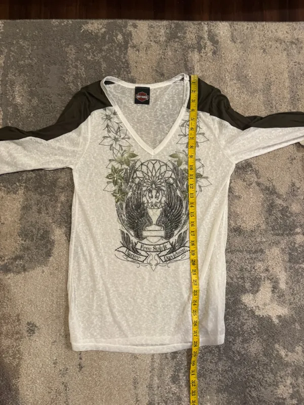 Harley-Davidson White V-Neck Graphic Raglan Tee with Olive Sleeves - Image 7
