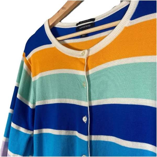 Lands' End‎ Cardigan Women’s Size L TALL Purple Orange Striped Button Up Cotton - Image 4