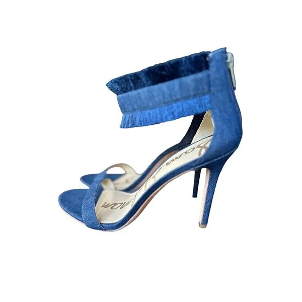 Sam Edelman Anabeth Denim Fringe 4" Heels Sandals Womens Size 8.5 Open Toe‎ Zip - Image 5