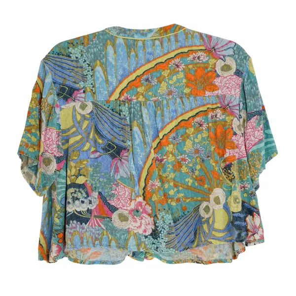 Anthropologie Boho Floral Cropped Shirt Blouse Multi Color Tie Neck Size Small - Image 6